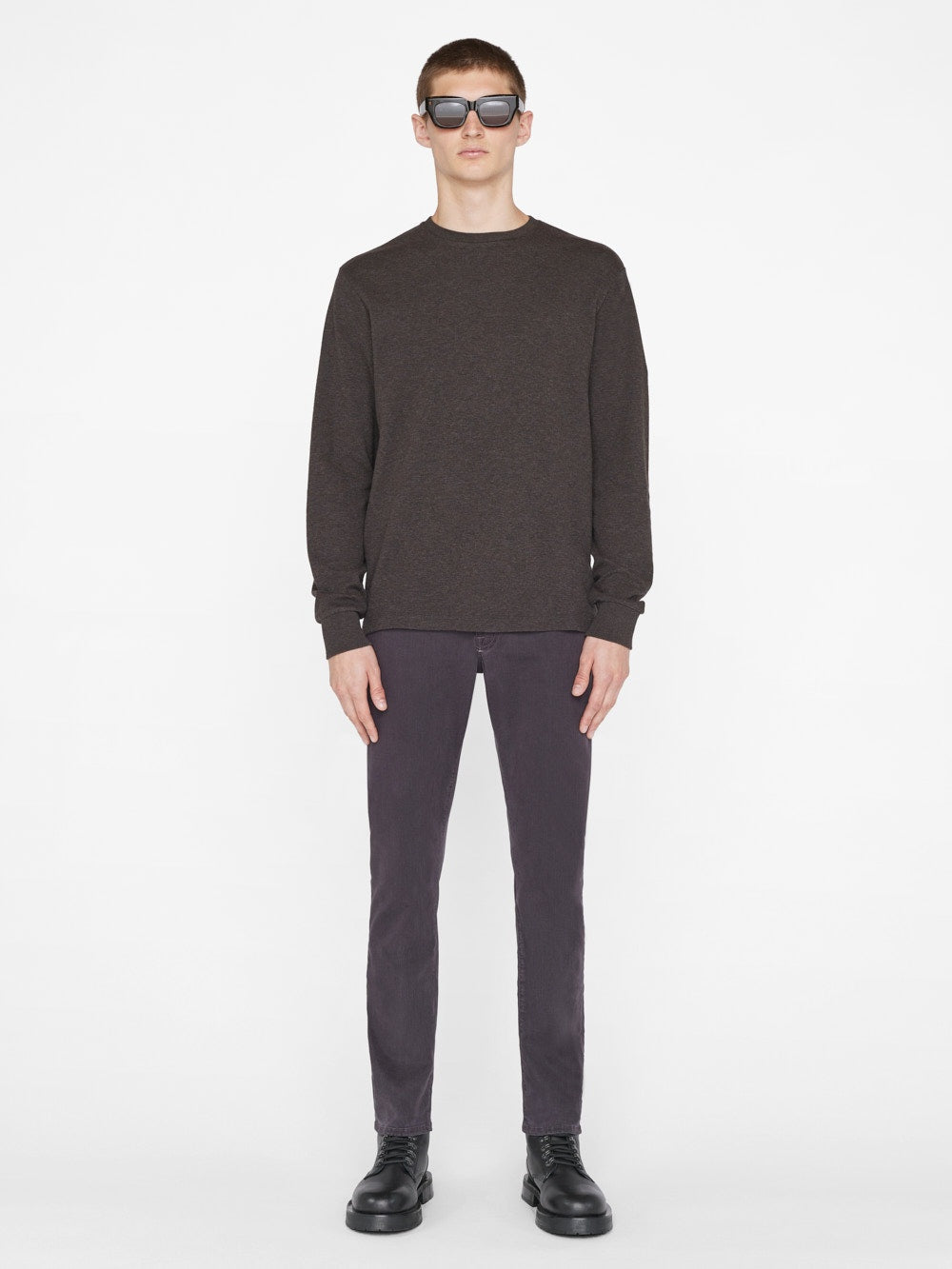 FRAME Men’s Duo Fold Long Sleeve Crewneck Tee - Heather Espresso